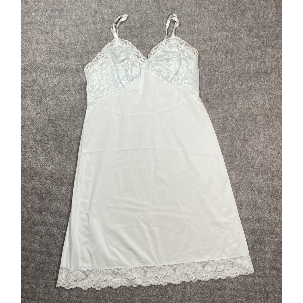 Vintage Vanity Fare Tricot Lace Slip Sz 36 Ice Blue Knee Length Made in the USA